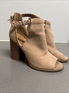 Qupid Taupe Braided Ankle Strap Peep Toe Block Heel Booties